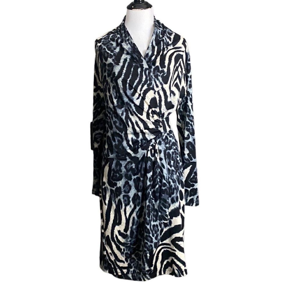 Karen Kane Animal Print Blue Black Jersey Dress Long Sleeve Gathered Front
